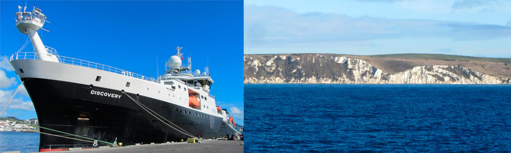 Discovery in port with photo of the Jurassic Coast