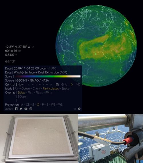 Image of the earth with coloured model data, a photo of a filter turned yellow with dust and a radiometer attached to the ship