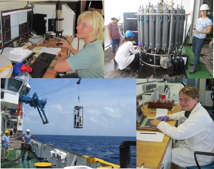 A combination of photographs - one showing female scientist at a computer, others on deck with a CTD device, an optics rig being lifted by crane, and a male scientist sat at a laptop