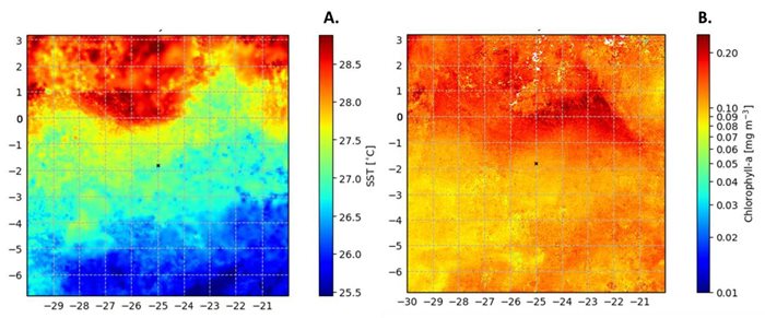 Colourful satellite data images showing sea surface temperature