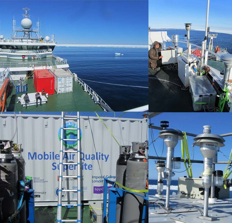 The British Antarctic Survey and Leeds University ice-pod containers (top left), air samplers on the monkey island (top right), Birmingham University air quality container (bottom left) and air inlets on the Birmingham University container (bottom right).